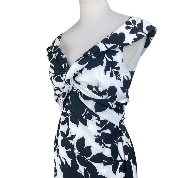Bardot Black & White Floral Print Off the Shoulder Side Slit Midi Cocktail Dress - Picture 5 of 11